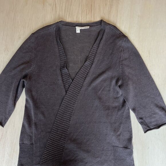 Eileen Fisher Womens Sweater Open Cardigan fine knit linen grey size Large - Picture 1 of 10